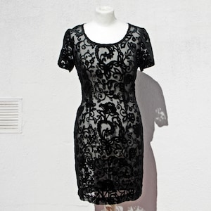90er jahre schwarzes minikleid schiere seidiges kleid samt minikleid florales gothic kleid tailliertes durchsichtiges kleid französisches kleid formelle kleidung