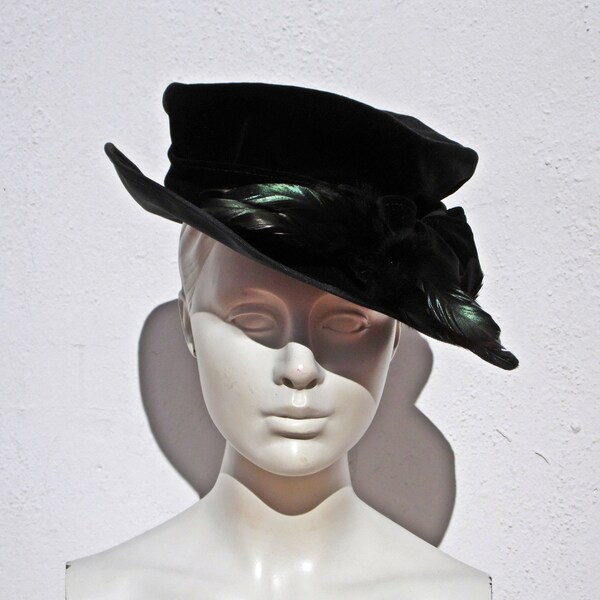 Black velvet hat fedora hat black oversized hat victorian hat black steampunk hat edwardian hat black elegant hat feather hat