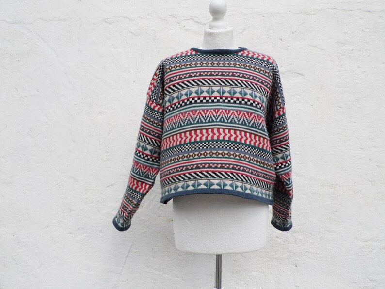 Crop sweater crop jumper multicolor sweater wool sweater retro sweater retro jumper print sweater hipster sweater warm sweater wool jumper
