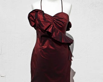 Vestido de festa com babados dos anos 80, minivestido metálico bordô