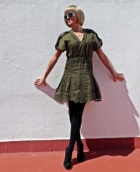 Reiss, Vintage Reiss Linen Mini Dress: Khaki Green Embroidered Pleats