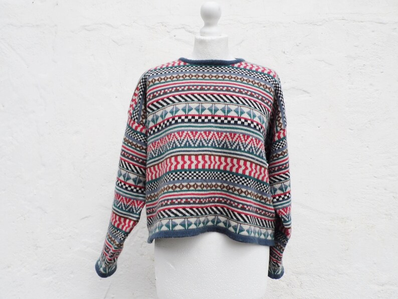 Crop sweater crop jumper multicolor sweater wool sweater retro sweater retro jumper print sweater hipster sweater warm sweater wool jumper
