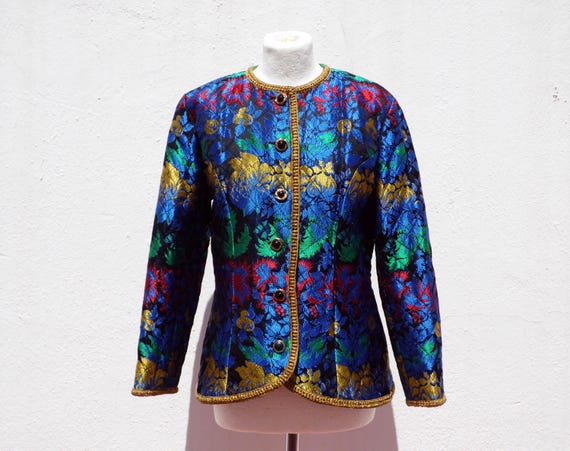 90s Designer Jacket David Molho Gold Quilted Blue Fitted Brocade Jacket