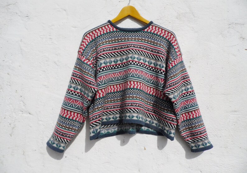 Crop sweater crop jumper multicolor sweater wool sweater retro sweater retro jumper print sweater hipster sweater warm sweater wool jumper