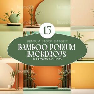 May include: A collection of 15 bamboo podium backdrops with a minimalist design. The images feature bamboo stalks, circular platforms, and decorative elements in shades of green, orange, and beige. Text on the image reads "BAMBOO PODIUM BACKDROPS".