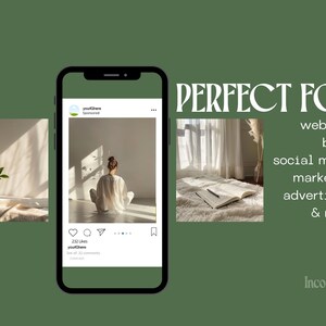 Może przedstawiać: Smartfon wyświetla post w mediach społecznościowych z osobą w białych ubraniach. Obraz zawiera tekst &bdquo;PERFECT FOR websites, blogs, social media, marketing, advertising & more&rdquo;. Tło jest stonowane zielone.