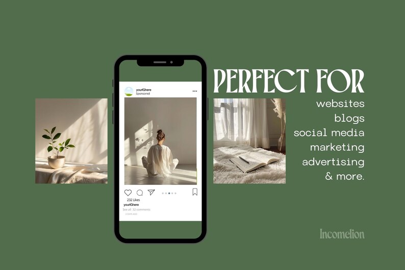 Może przedstawiać: Smartfon wyświetla post w mediach społecznościowych z osobą w białych ubraniach. Obraz zawiera tekst &bdquo;PERFECT FOR websites, blogs, social media, marketing, advertising & more&rdquo;. Tło jest stonowane zielone.