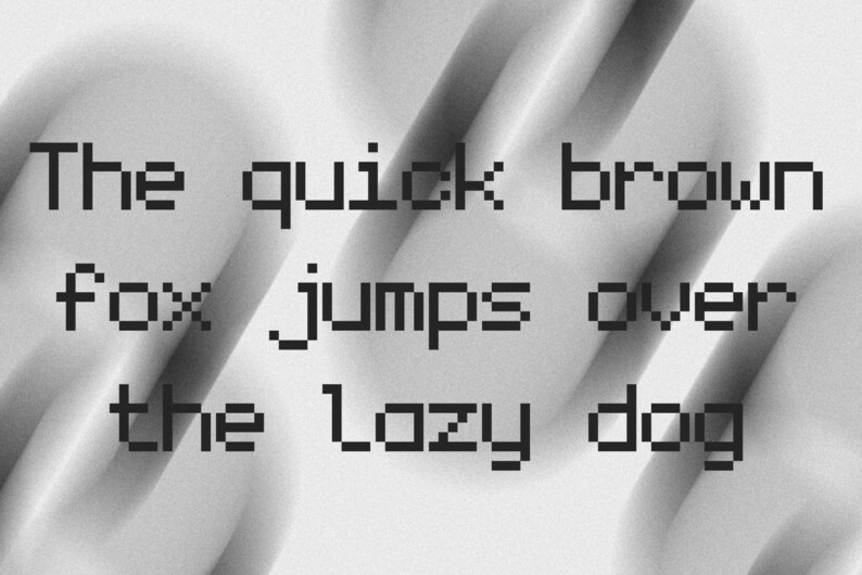 Puede incluir: Un dise&ntilde;o gr&aacute;fico en blanco y negro que presenta el texto pixelado The quick brown fox jumps over the lazy dog. Las letras se presentan en un estilo de fuente digital en bloques sobre un fondo monocrom&aacute;tico suave, borroso y abstracto.