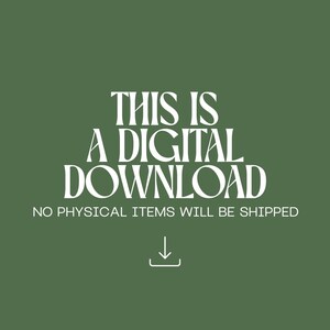 Pode incluir: An&uacute;ncio de download digital em um fundo verde. O texto branco diz "THIS IS A DIGITAL DOWNLOAD" com o texto adicional "NO PHYSICAL ITEMS WILL BE SHIPPED" abaixo. Uma seta branca para baixo tamb&eacute;m est&aacute; presente.