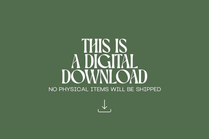 Pode incluir: An&uacute;ncio de download digital em um fundo verde. O texto branco diz "THIS IS A DIGITAL DOWNLOAD" com o texto adicional "NO PHYSICAL ITEMS WILL BE SHIPPED" abaixo. Uma seta branca para baixo tamb&eacute;m est&aacute; presente.