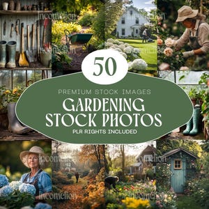 Könnte beinhalten: Eine Collage von Garten-Stockfotos. Die Bilder zeigen verschiedene Gartenszenen, darunter Menschen, die Pflanzen pflegen, Gartenhäuser und Werkzeuge. Der Text "GARDENING STOCK PHOTOS" ist prominent dargestellt.