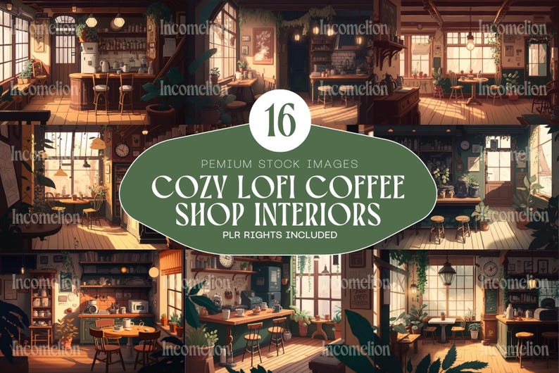 May include: A collection of 16 digital images showcasing cozy LoFi coffee shop interiors. The images feature warm lighting, wooden furniture, plants, and vintage decor, creating a relaxing atmosphere. The text on the image reads "COZY LOFI COFFEE SHOP INTERIORS".
