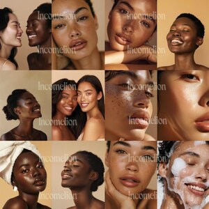 Pode incluir: Uma colagem de rostos diversos, mostrando diferentes tons de pele e express&otilde;es. As imagens apresentam close-ups de indiv&iacute;duos com pele radiante, alguns com gotas de &aacute;gua e outros com produtos para cuidados com a pele. A est&eacute;tica geral &eacute; calorosa e convidativa.
