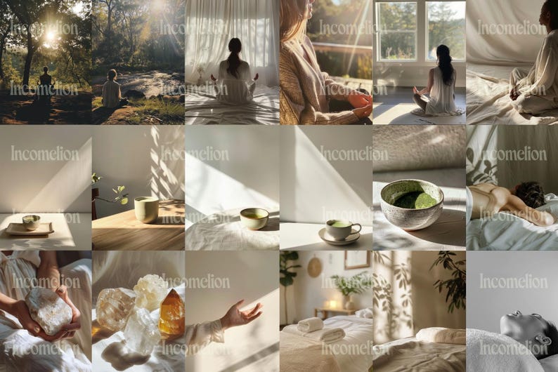 Może przedstawiać: Kolekcja spokojnych obraz&oacute;w z naturalnym światłem i motywami wellness. Sceny obejmują osoby medytujące, cieszące się naturą i otoczeniem przypominającym spa z herbatą, kryształami i masażami. Og&oacute;lna estetyka jest uspokajająca i skupiona na relaksie.