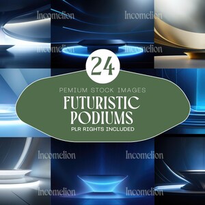 Puede incluir: Una colección de diseños de podios futuristas con luces de neón y una estética moderna. La imagen presenta plataformas tipo escenario en tonos azules, plateados y dorados, con el texto "FUTURISTIC PODIUMS" y "PLR RIGHTS INCLUDED".