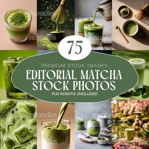 May include: A collage of images featuring matcha tea. The images show matcha powder, prepared drinks, and tools used in the preparation of matcha. The text in the image reads "EDITORIAL MATCHA STOCK PHOTOS".