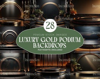 28 Luxury Black & Gold Podium Backdrops. Elegant Fashion Stage Backgrounds for Mockups, Branding, Products, PLR Commercial Use.