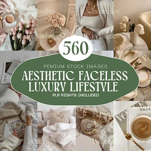 Könnte beinhalten: Eine Collage von Lifestyle-Bildern in neutralen Farbtönen. Die Bilder zeigen Kaffee, Blumen, Modeaccessoires und den Text "560 PREMIUM STOCK IMAGES AESTHETIC FACELESS LUXURY LIFESTYLE PLR RIGHTS INCLUDED".