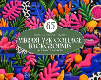 65 vibrantes fondos de collage Y2K, diseños digitales coloridos, gráficos divertidos, atrevidos y nostálgicos de los años 2000, descarga instantánea PLR incluido