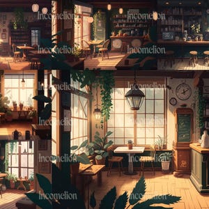 May include: A digital illustration of a cozy cafe interior with multiple scenes. The cafe features wooden tables, chairs, and a bar, with large windows, hanging plants, and vintage decor. The color palette is warm, with natural light and a welcoming atmosphere.