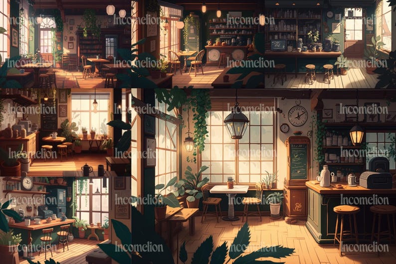 May include: A digital illustration of a cozy cafe interior with multiple scenes. The cafe features wooden tables, chairs, and a bar, with large windows, hanging plants, and vintage decor. The color palette is warm, with natural light and a welcoming atmosphere.