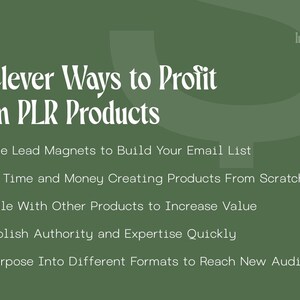 Może przedstawiać: Zielona grafika z białym tekstem, kt&oacute;ry brzmi "5 Clever Ways to Profit From PLR Products". Po tekście następuje numerowana lista pięciu strategii wykorzystania produkt&oacute;w PLR.