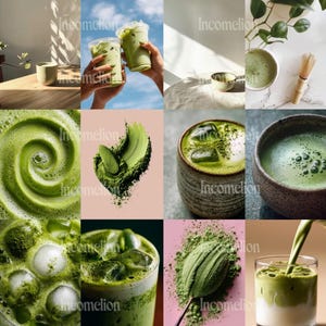 May include: A collage of images showcasing matcha tea in various forms. The images include matcha powder, drinks with ice, and matcha in bowls and cups. The color palette is dominated by shades of green, with some images featuring white and brown accents.