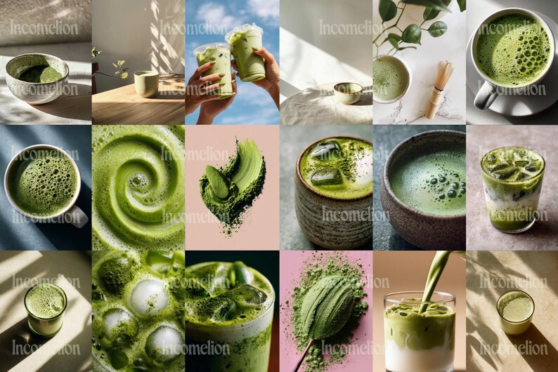May include: A collage of images showcasing matcha tea in various forms. The images include matcha powder, drinks with ice, and matcha in bowls and cups. The color palette is dominated by shades of green, with some images featuring white and brown accents.