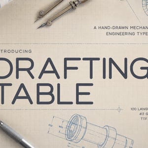 May include: A digital graphic featuring the text "INTRODUCING DRAFTING TABLE A HAND-DRAWN MECHANICAL ENGINEERING TYPEFACE" in dark blue on a beige blueprint background with technical drawings, a metal compass, a pencil, and a ball bearing.
