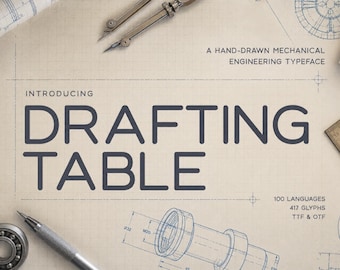 May include: A digital graphic featuring the text "INTRODUCING DRAFTING TABLE A HAND-DRAWN MECHANICAL ENGINEERING TYPEFACE" in dark blue on a beige blueprint background with technical drawings, a metal compass, a pencil, and a ball bearing.