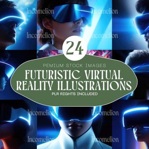 May include: A collection of images showing people wearing futuristic VR headsets with bright blue neon lights. The images are set against a backdrop of blue and neon light effects. The text reads "FUTURISTIC VIRTUAL REALITY ILLUSTRATIONS".