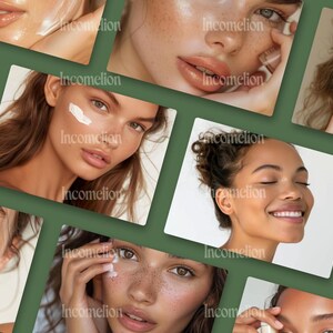 Pode incluir: Uma colagem de imagens em close-up com diversas pessoas aplicando produtos de cuidados com a pele. As imagens mostram v&aacute;rios tons e texturas de pele, com foco na aplica&ccedil;&atilde;o de cremes e lo&ccedil;&otilde;es. A est&eacute;tica geral &eacute; limpa e enfatiza a beleza natural.