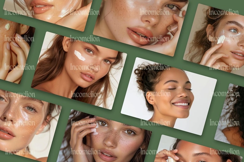 Pode incluir: Uma colagem de imagens em close-up com diversas pessoas aplicando produtos de cuidados com a pele. As imagens mostram v&aacute;rios tons e texturas de pele, com foco na aplica&ccedil;&atilde;o de cremes e lo&ccedil;&otilde;es. A est&eacute;tica geral &eacute; limpa e enfatiza a beleza natural.
