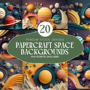 May include: A collection of 20 papercraft space backgrounds with colorful planets, suns, and swirling designs. The images feature a variety of colors, including blue, orange, yellow, and purple. The text "PAPERCRAFT SPACE BACKGROUNDS" is displayed on a green oval.