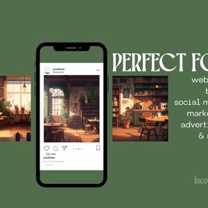 May include: A smartphone displays a sponsored Instagram post featuring interior design images. Text on the right reads "PERFECT FOR websites, blogs, social media, marketing, advertising & more." The background is a dark green.