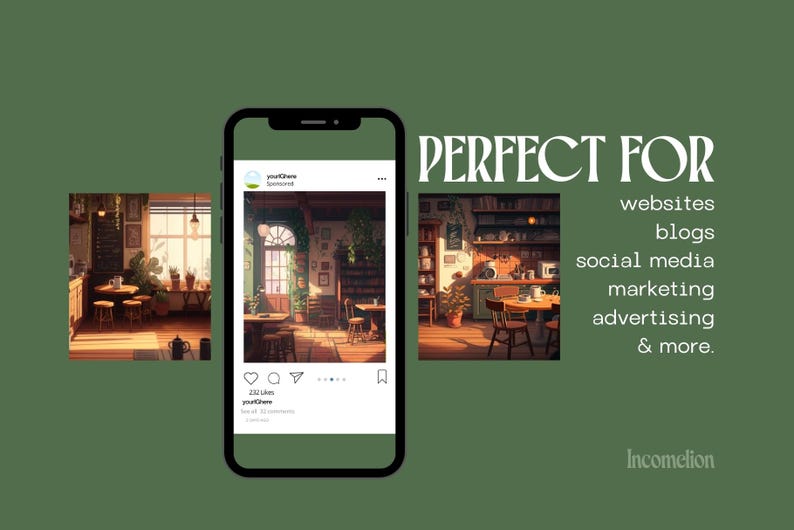 May include: A smartphone displays a sponsored Instagram post featuring interior design images. Text on the right reads "PERFECT FOR websites, blogs, social media, marketing, advertising & more." The background is a dark green.