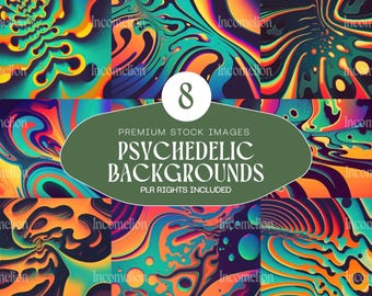 Puede incluir: Una colección de ocho fondos psicodélicos vibrantes y arremolinados en tonos naranja, verde azulado y morado. La imagen incluye el texto "Premium Stock Images" y "Psychedelic Backgrounds". Los fondos tienen un diseño fluido y abstracto.