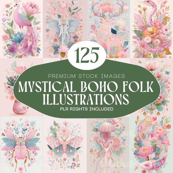 Paquete de 125 ilustraciones místicas bohemias con diseño artístico, espiritual y celestial. Descarga instantánea. Licencia PLR incluida.