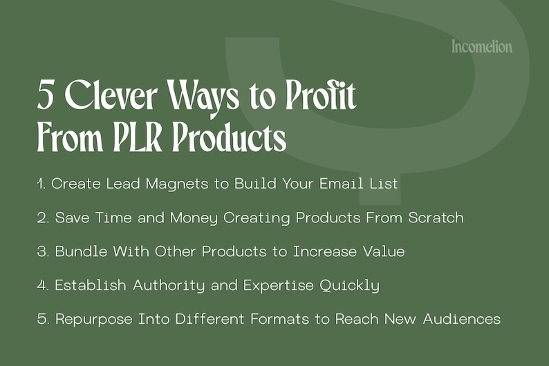 Pode incluir: Um fundo verde com texto branco. O texto diz "5 maneiras inteligentes de lucrar com produtos PLR". Abaixo est&aacute; uma lista numerada de cinco estrat&eacute;gias para usar produtos PLR.