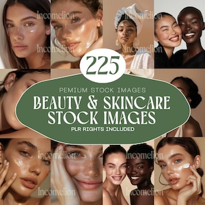 Pode incluir: Uma colagem de imagens com diversos indiv&iacute;duos com pele radiante, alguns aplicando produtos de cuidados com a pele. O gr&aacute;fico central diz "BEAUTY & SKINCARE STOCK IMAGES" com "225" e "PLR RIGHTS INCLUDED". As imagens mostram um tema de beleza e cuidados com a pele.