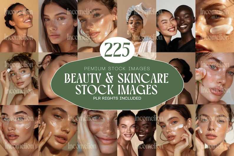 Pode incluir: Uma colagem de imagens com diversos indiv&iacute;duos com pele radiante, alguns aplicando produtos de cuidados com a pele. O gr&aacute;fico central diz "BEAUTY & SKINCARE STOCK IMAGES" com "225" e "PLR RIGHTS INCLUDED". As imagens mostram um tema de beleza e cuidados com a pele.
