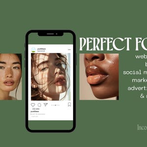 Pode incluir: Um smartphone exibe uma publica&ccedil;&atilde;o de m&iacute;dia social com um close-up do rosto de uma mulher, junto com duas outras fotos de beleza. O texto "PERFECT FOR" &eacute; exibido com uma lista de aplicativos. O fundo &eacute; verde s&oacute;lido.