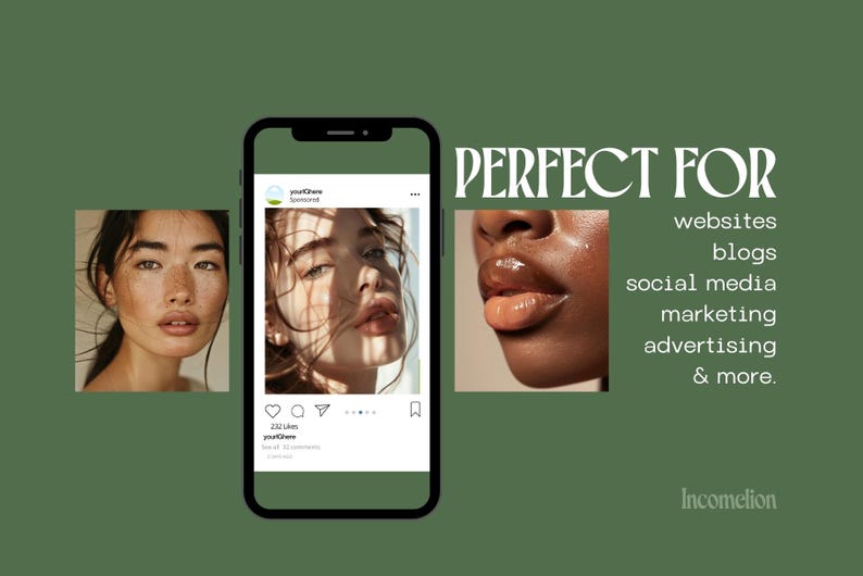 Pode incluir: Um smartphone exibe uma publica&ccedil;&atilde;o de m&iacute;dia social com um close-up do rosto de uma mulher, junto com duas outras fotos de beleza. O texto "PERFECT FOR" &eacute; exibido com uma lista de aplicativos. O fundo &eacute; verde s&oacute;lido.