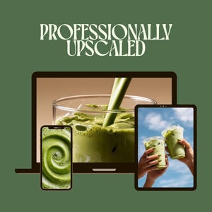 May include: An image featuring a laptop, smartphone, and tablet displaying matcha drinks. The laptop shows matcha being poured into a glass. The smartphone displays a green swirl, and the tablet shows two matcha drinks held up against a blue sky. Text reads "Professionally Upscaled."