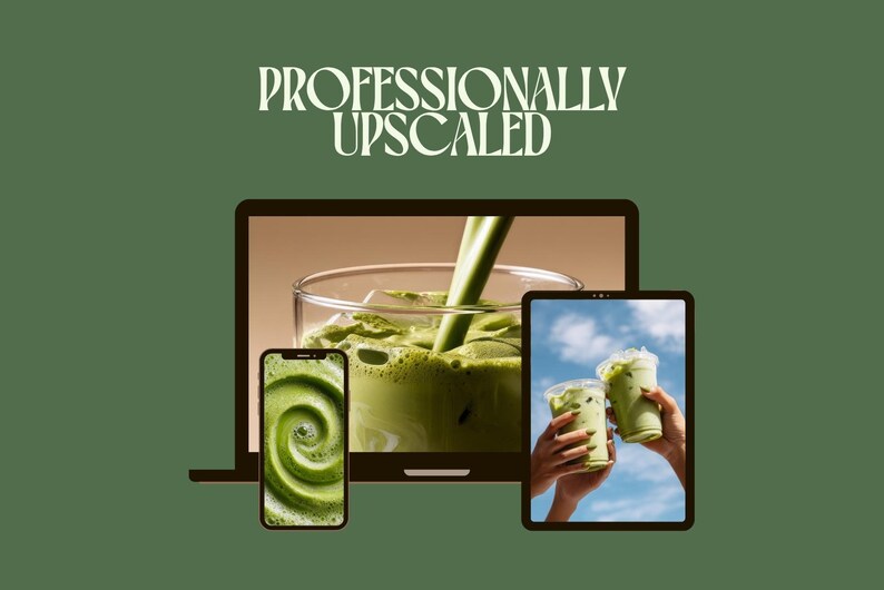 May include: An image featuring a laptop, smartphone, and tablet displaying matcha drinks. The laptop shows matcha being poured into a glass. The smartphone displays a green swirl, and the tablet shows two matcha drinks held up against a blue sky. Text reads "Professionally Upscaled."