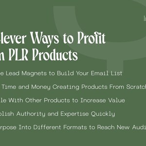 May include: A green background with the text "5 Clever Ways to Profit From PLR Products." The text is in white and lists five strategies: Create Lead Magnets, Save Time and Money, Bundle Products, Establish Authority, and Repurpose.