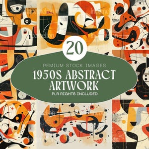 Puede incluir: Una colección de 20 obras de arte abstractas al estilo moderno de mediados de siglo. Las imágenes presentan formas y líneas audaces en una paleta de naranja, negro y crema. El texto de la imagen dice "1950s Abstract Artwork".