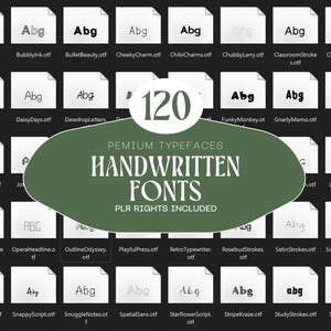 Puede incluir: Imagen de 120 fuentes manuscritas, cada una mostrada como un icono de archivo. Un óvalo verde central indica "Premium Typefaces Handwritten Fonts PLR Rights Included". Cada fuente tiene un nombre.