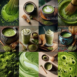 May include: A collage of images showcasing matcha tea preparation and presentation. The images feature matcha powder, whisking tools, and various matcha drinks, including lattes and traditional tea. The color palette is dominated by shades of green.