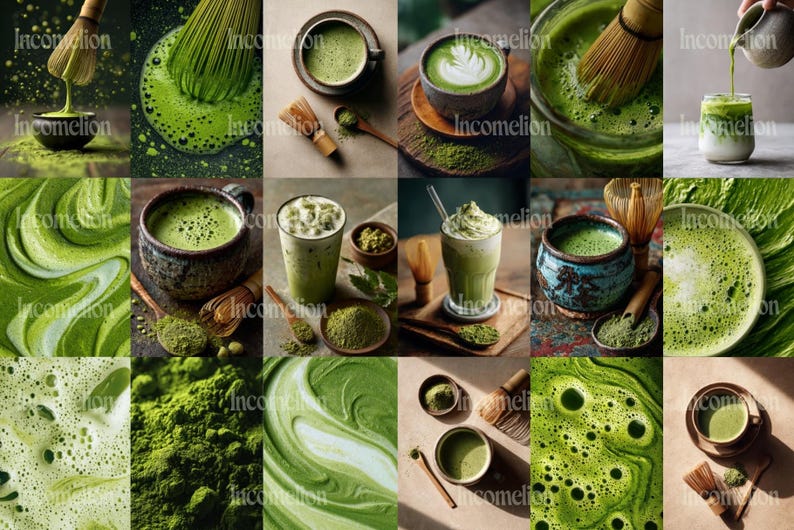 May include: A collage of images showcasing matcha tea preparation and presentation. The images feature matcha powder, whisking tools, and various matcha drinks, including lattes and traditional tea. The color palette is dominated by shades of green.